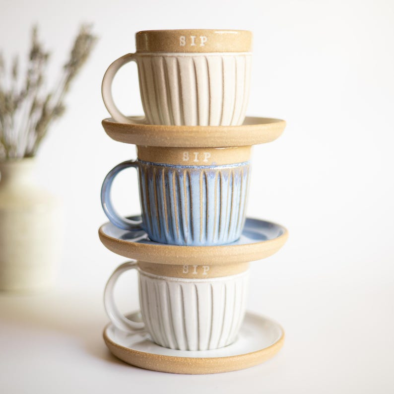 Abby Cappuccino Cup & Saucer 8oz – Handmade Ceramic Mug, Gift for Tea Lovers