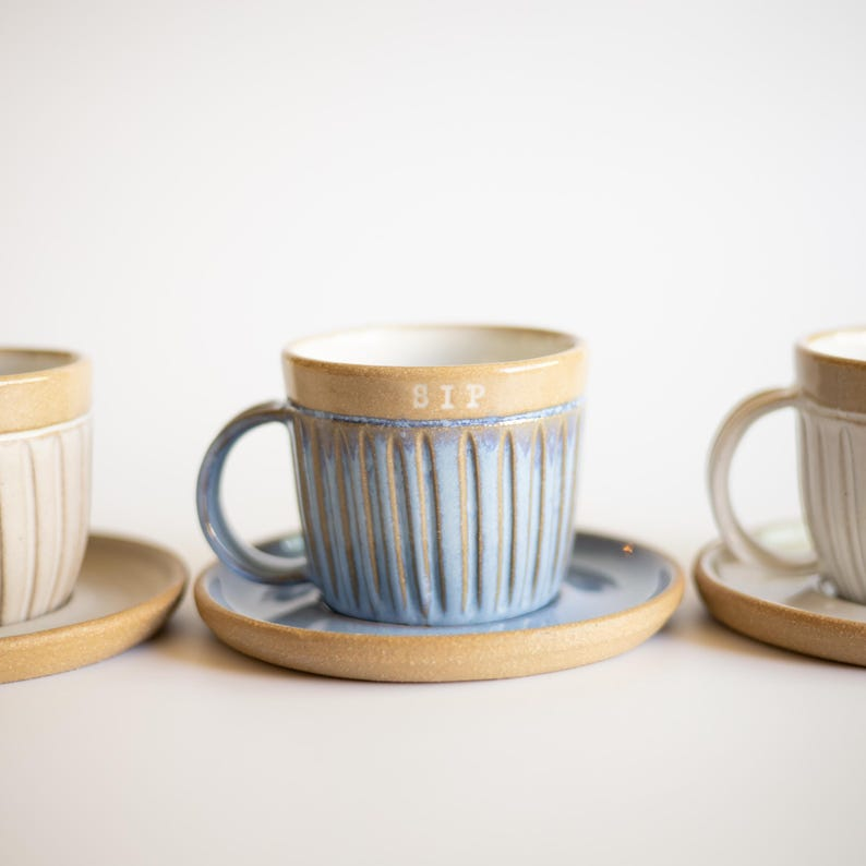 Abby Cappuccino Cup & Saucer 8oz – Handmade Ceramic Mug, Gift for Tea Lovers