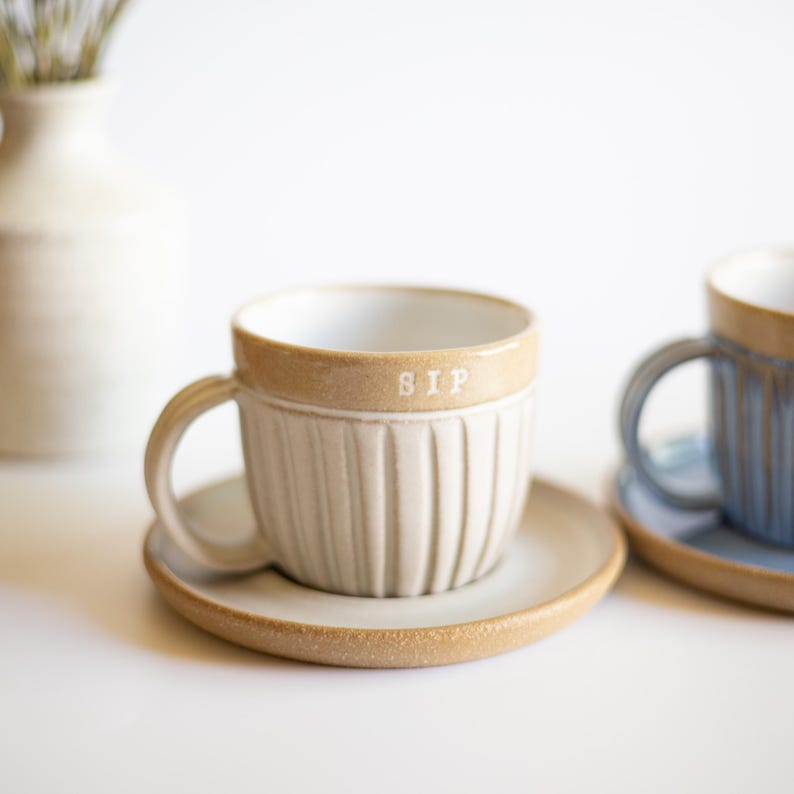 Abby Cappuccino Cup & Saucer 8oz – Handmade Ceramic Mug, Gift for Tea Lovers